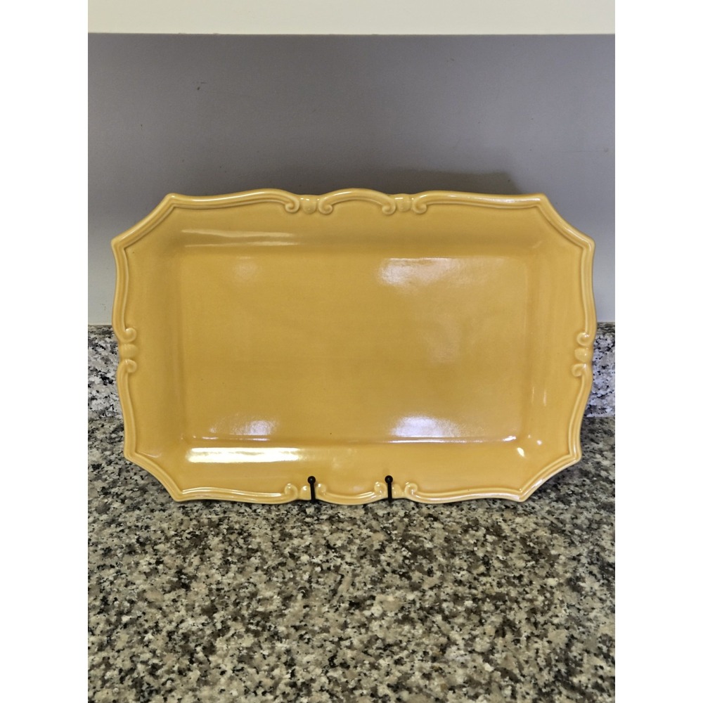 Williams Sonoma Italy 18" Rectangular Serving Platter Ochre Yellow Scroll Edge